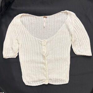 Free People White Ribbed Button‑Front Short Sleeved Cardigan – Size XS